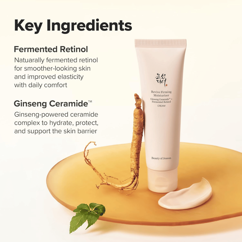 Imagem – ingredientes (SEO + EEAT)
Beauty of Joseon Revive Firming Moisturizer com ceramida de ginseng e retinol fermentado que fortalecem a barreira cutânea e melhoram a elasticidade da pele.