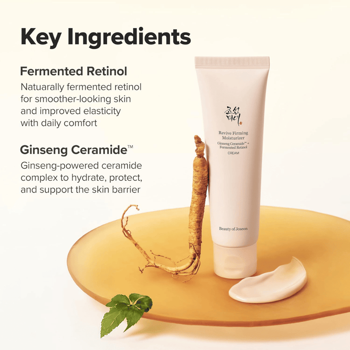 Imagem – ingredientes (SEO + EEAT)
Beauty of Joseon Revive Firming Moisturizer com ceramida de ginseng e retinol fermentado que fortalecem a barreira cutânea e melhoram a elasticidade da pele.