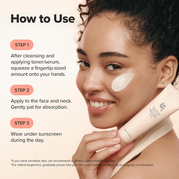 Imagem – how to use / aplicação
Beauty of Joseon Revive Firming Moisturizer aplica-se no rosto após a limpeza, hidrata a pele e melhora a elasticidade com retinol.