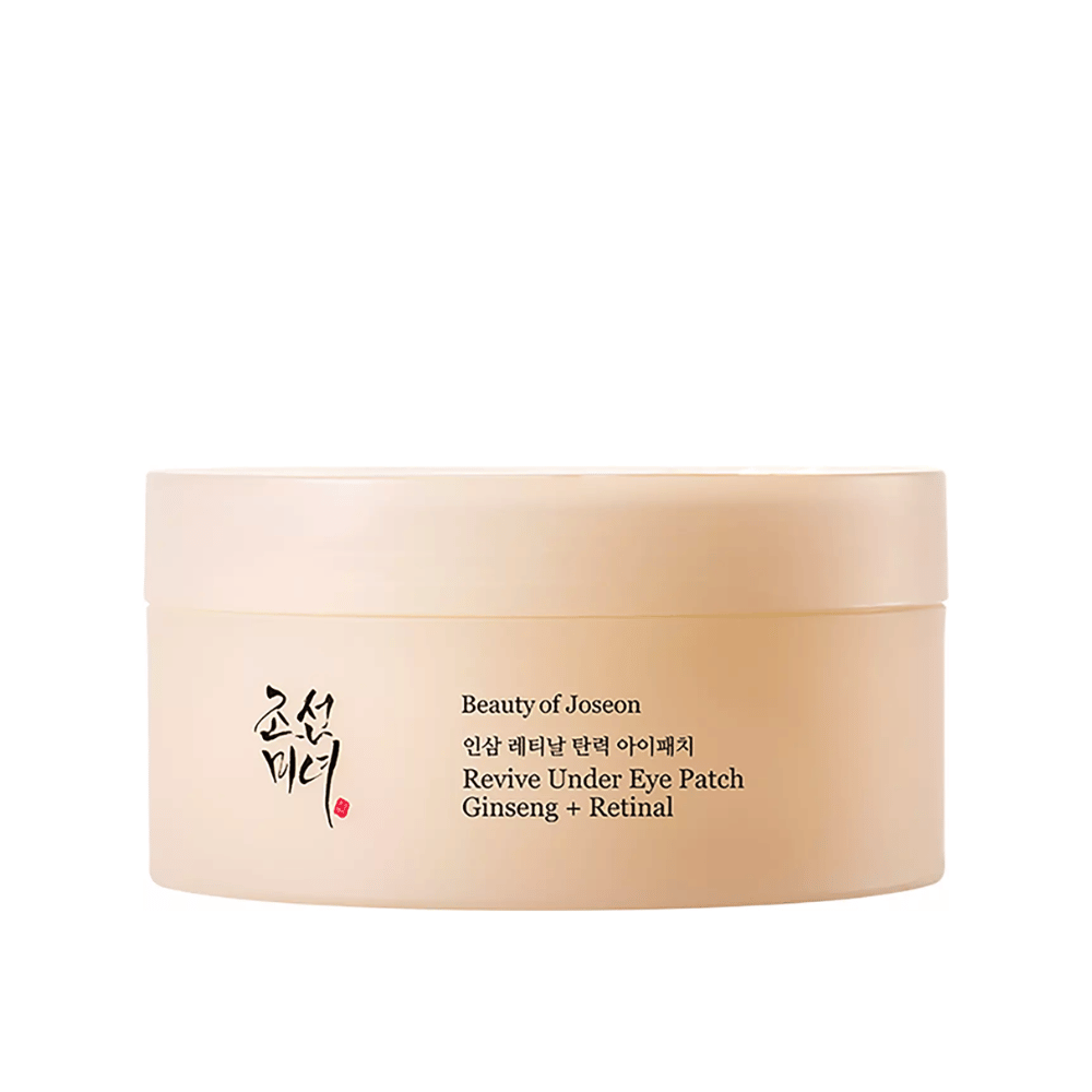 Beauty of Joseon Revive Under Eye Patch Ginseng + Retinal  em frasco, patches de olhos coreanos que ajudam a reduzir linhas finas, olheiras e secura ao redor dos olhos.
