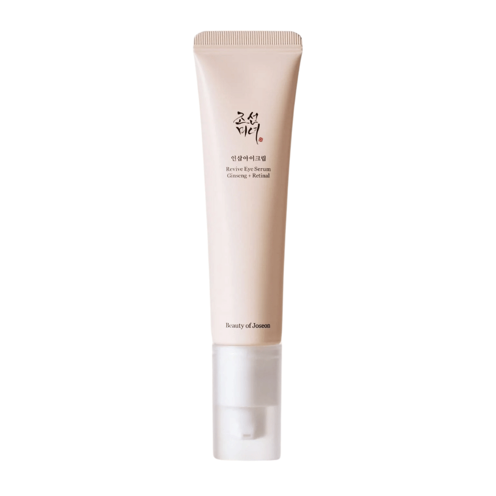 Beauty of Joseon Revive Eye Serum Ginseng + Retinal em tubo bege – sérum coreano para os olhos que reduz linhas finas e fortalece a pele ao redor dos olhos.