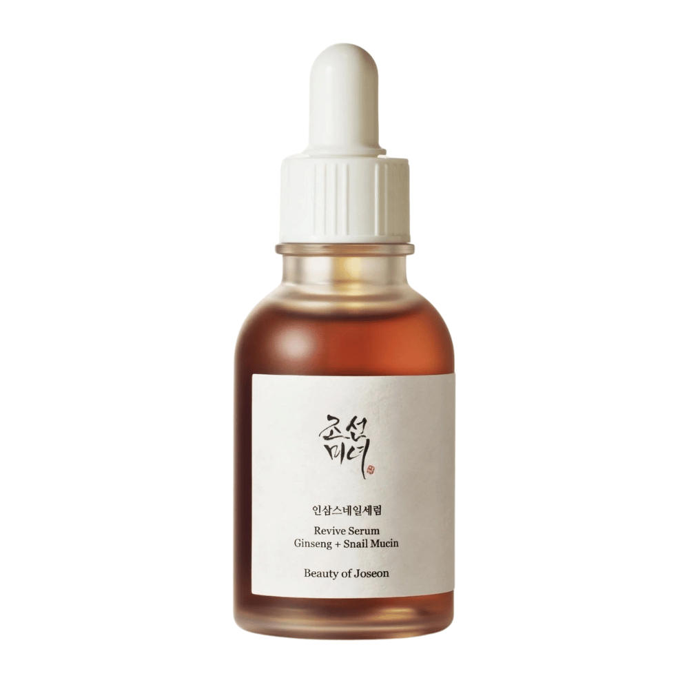 Imagem do produto Beauty of Joseon Revive Serum Ginseng + Snail Mucin em frasco de vidro marrom – sérum anti-envelhecimento para pele mais firme.