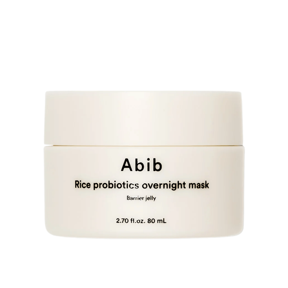 Imagem do produto em Abib Rice Probiotics Overnight Mask Barrier Jelly – um frasco branco com texto preto contendo 80 ml de máscara noturna para fortalecer a barreira da pele e hidratar a pele.