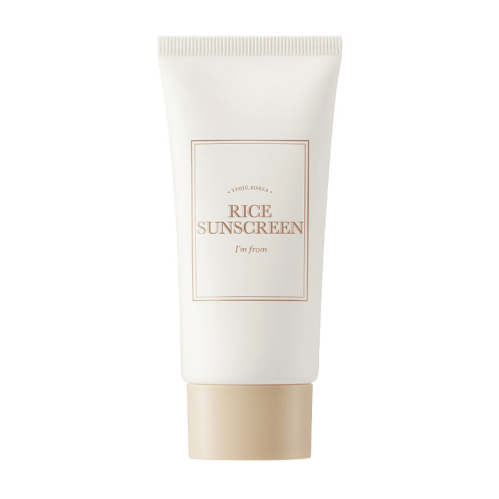 Tubo com "I'm from" Rice Sunscreen SPF50+ PA++++, protetor solar com extrato de arroz.