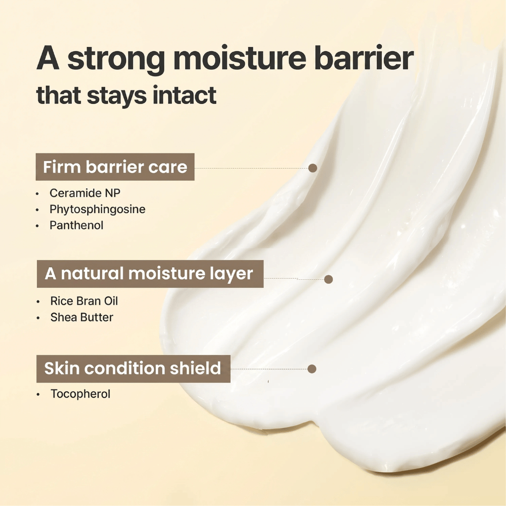 Textura cremosa de I'm From Rice Cream com ceramidas, pantenol e manteiga de karité que fortalecem a barreira cutânea