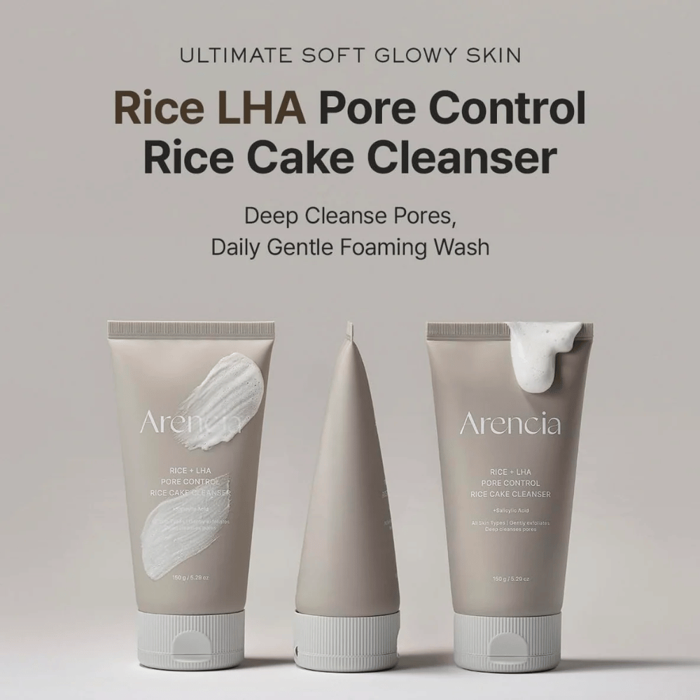 Apresentação do produto de Arencia Rice + LHA Pore Control Rice Cake Cleanser em vários ângulos, limpeza facial espumante diária para poros mais claros e textura de pele mais uniforme.