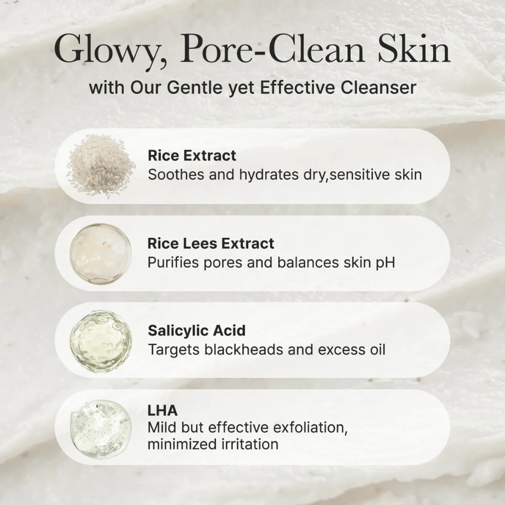 Visão geral dos ingredientes para Arencia Rice + LHA Pore Control Rice Cake Cleanser com extrato de arroz, extrato de lees de arroz, ácido salicílico e LHA para efeito calmante, de limpeza de poros e equilibrante.