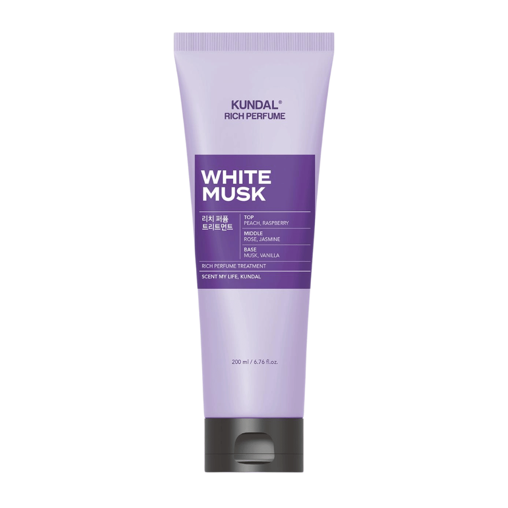 2. KUNDAL Rich Perfume Body Lotion White Musk 200 ml – loção corporal hidratante com fragrância de pêssego, framboesa, rosa, jasmim, almíscar e baunilha