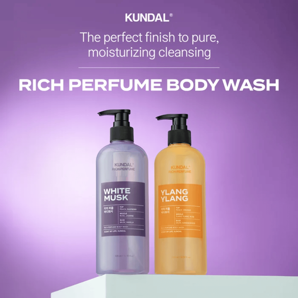 5. KUNDAL Rich Perfume Body Wash White Musk & Ylang Ylang – gel de banho perfumado e hidratante