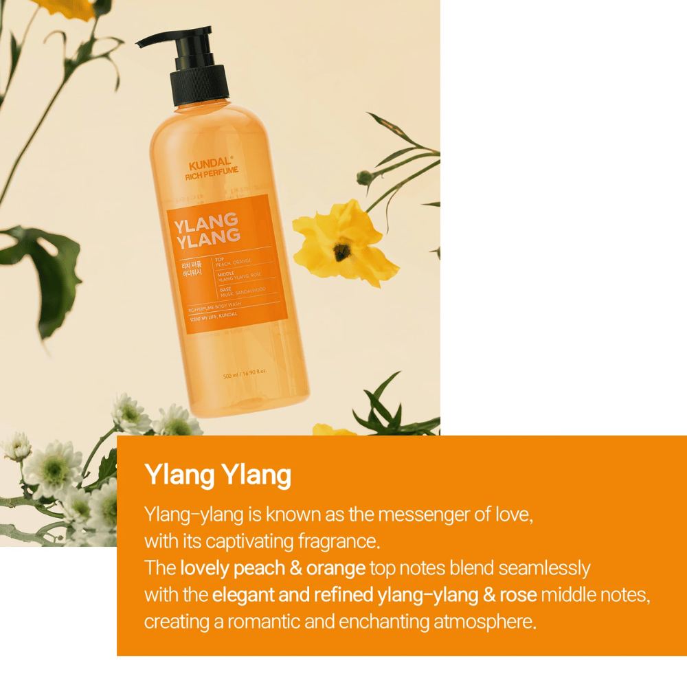 2. KUNDAL Rich Perfume Body Wash Ylang Ylang 500 ml – sabonete de duche com fragrância de pêssego, laranja, ylang-ylang, rosa, almíscar e sândalo