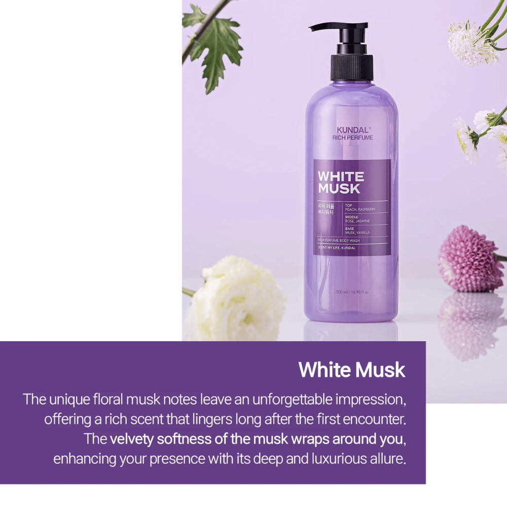 1. KUNDAL Rich Perfume Body Wash White Musk & Ylang Ylang 500 ml – sabonete de duche perfumado em duas variantes de fragrância