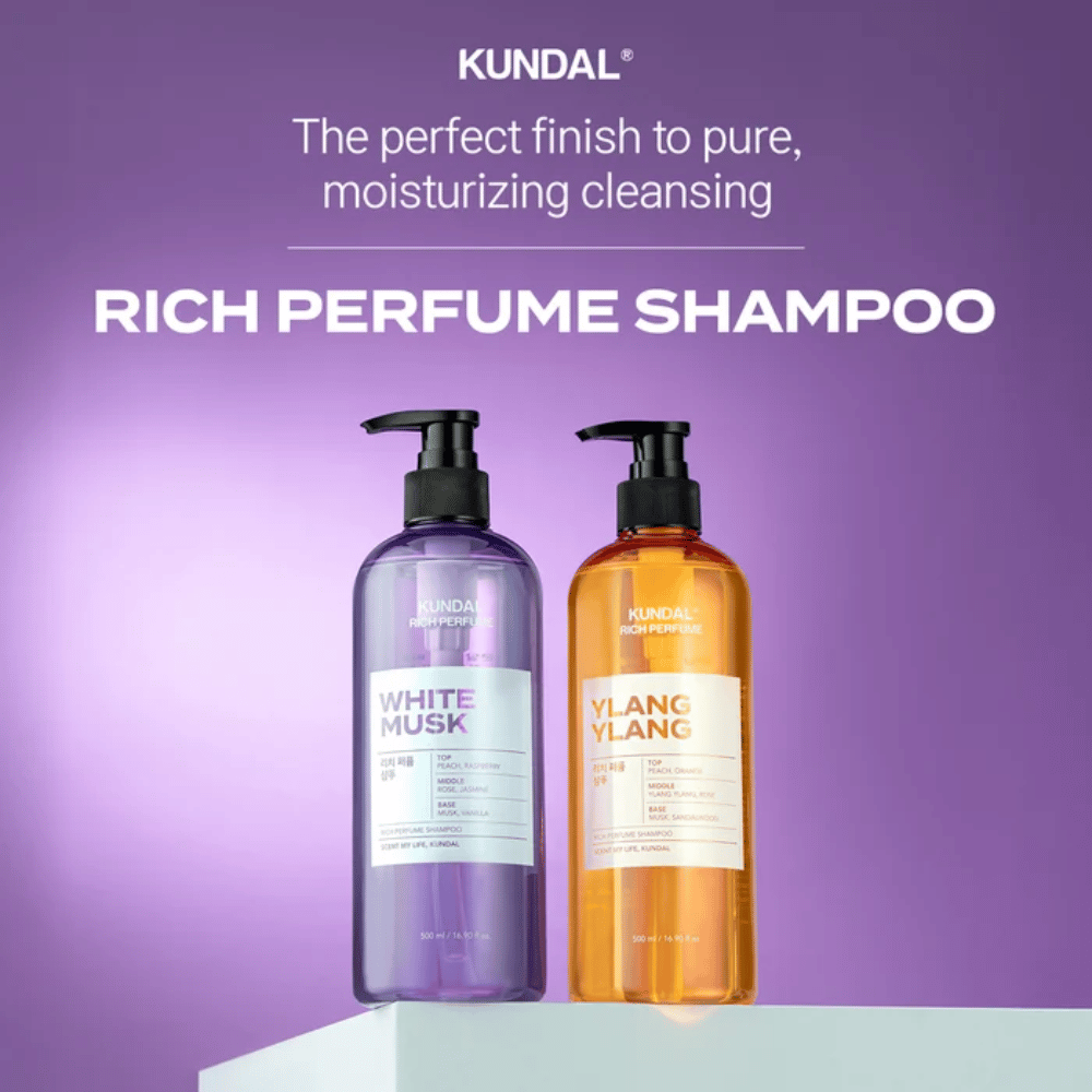 7. KUNDAL Rich Perfume Shampoo White Musk & Ylang Ylang 500 ml – champô de limpeza com propriedades hidratantes em duas variantes de fragrância
