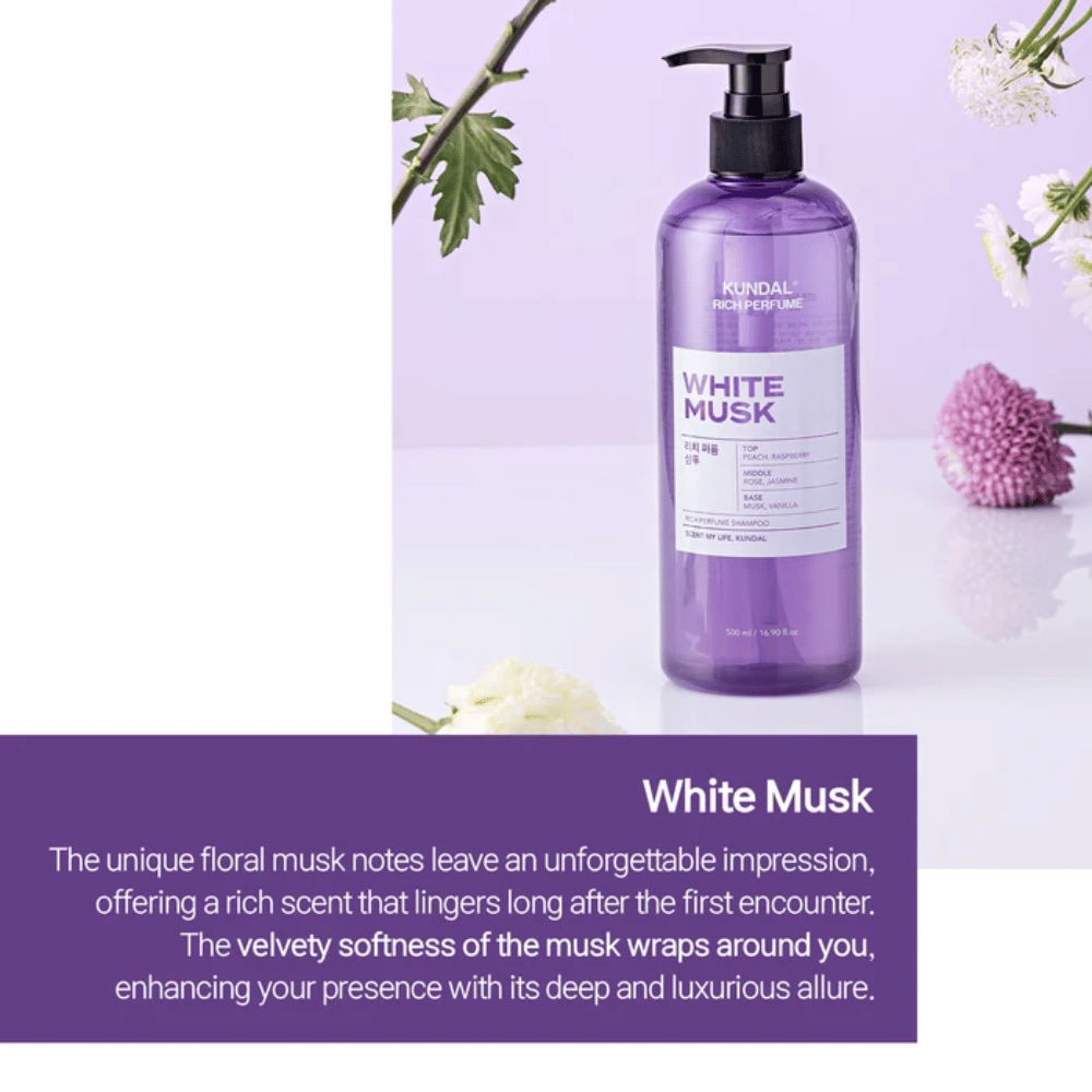 4. KUNDAL Rich Perfume Shampoo White Musk – frasco de champô roxo com notas florais e suave fragrância de almíscar