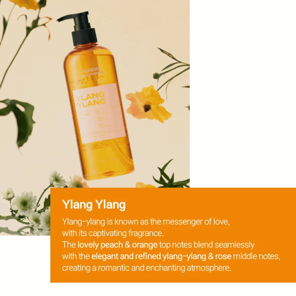 3. KUNDAL Rich Perfume Shampoo Ylang Ylang – frasco de champô laranja com fragrância floral e frutada