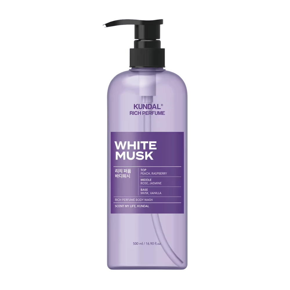 7. KUNDAL Rich Perfume Body Wash White Musk 500 ml – lila duschtvål med doft av persika, hallon, ros, jasmin, mysk och vanilj