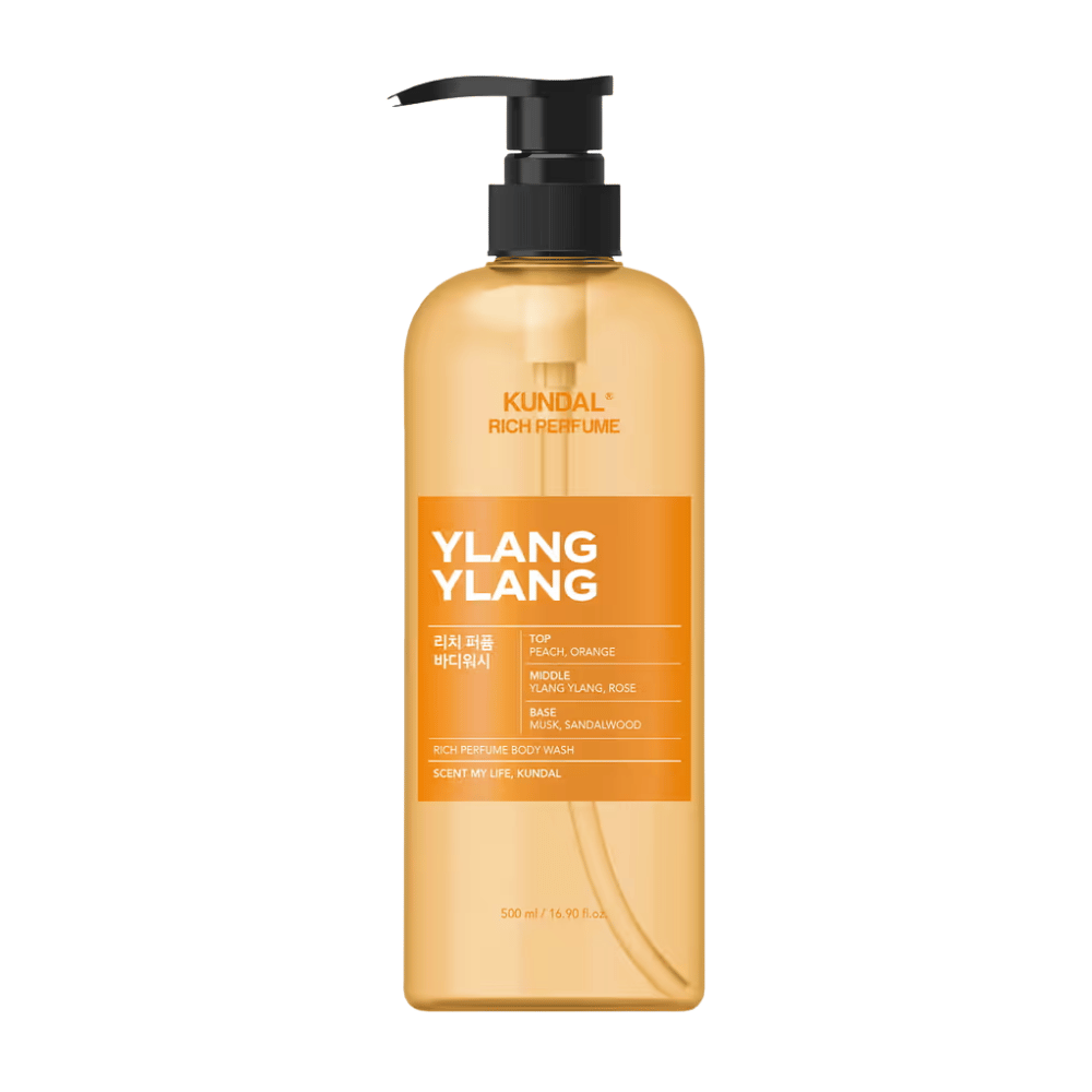 6. KUNDAL Rich Perfume Body Wash Ylang Ylang 500 ml – sabonete de duche laranja com doseador