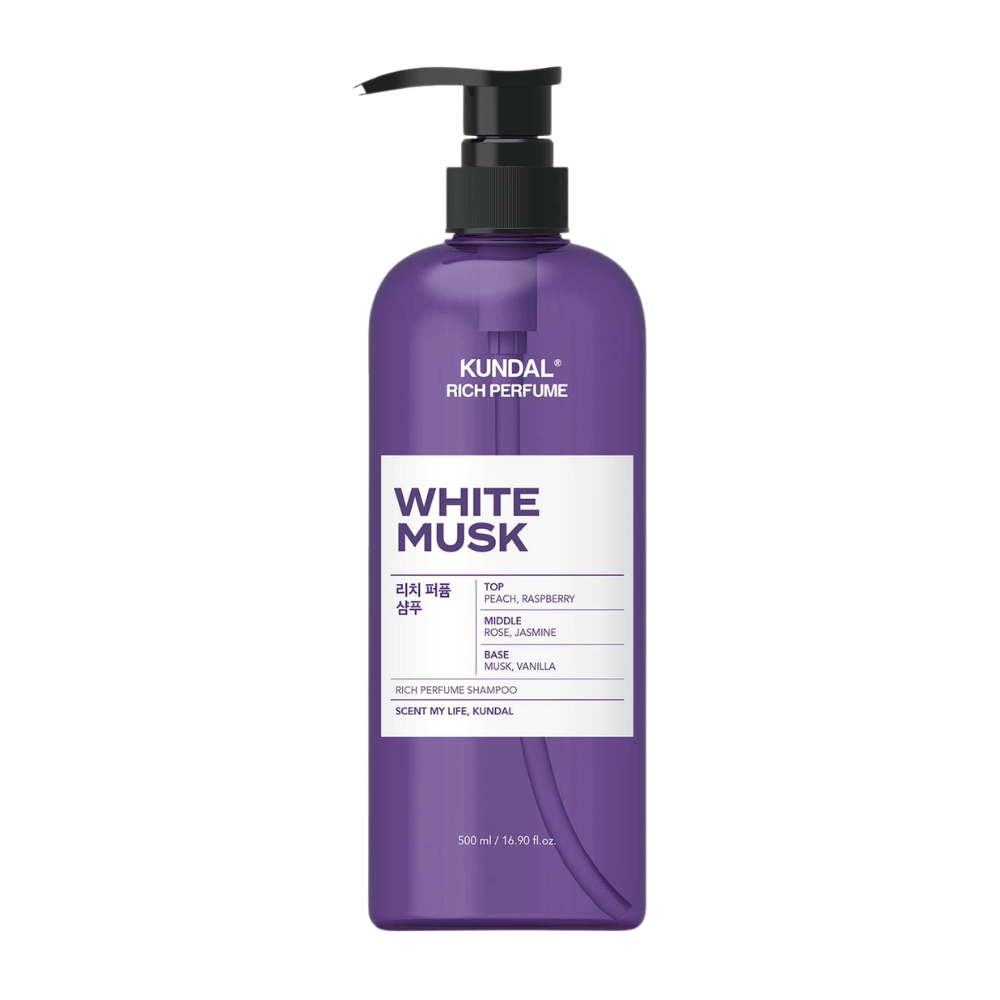 2. KUNDAL Rich Perfume Shampoo White Musk 500 ml – champô com fragrância de pêssego, framboesa, rosa, jasmim, almíscar e baunilha