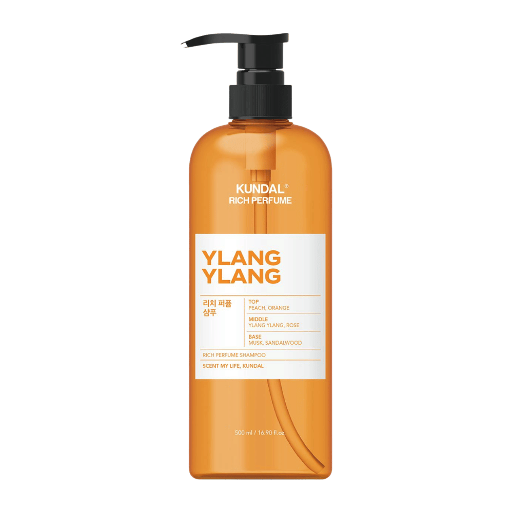 1. KUNDAL Rich Perfume Shampoo Ylang Ylang 500 ml – champô perfumado com fragrância de pêssego, laranja, ylang-ylang e rosa