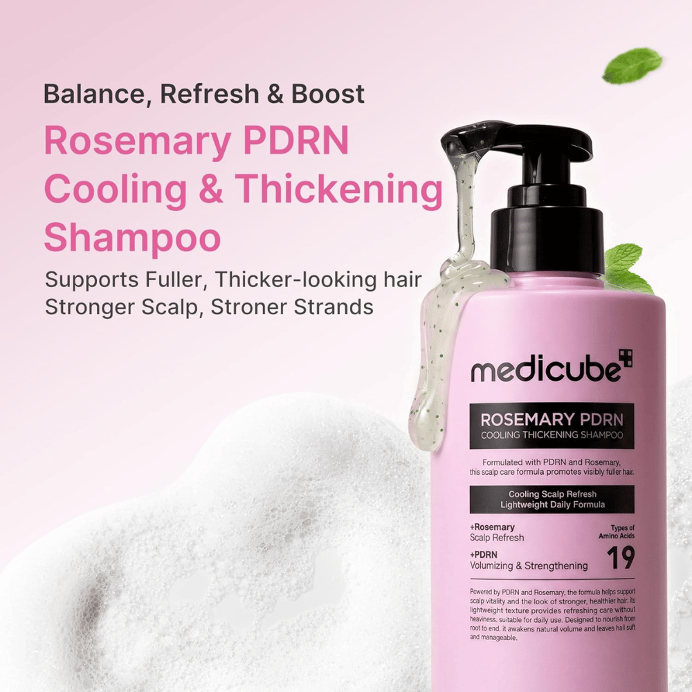 Medicube Rosemary PDRN Cooling Thickening Shampoo que refresca o couro cabeludo e proporciona um cabelo mais espesso e mais forte