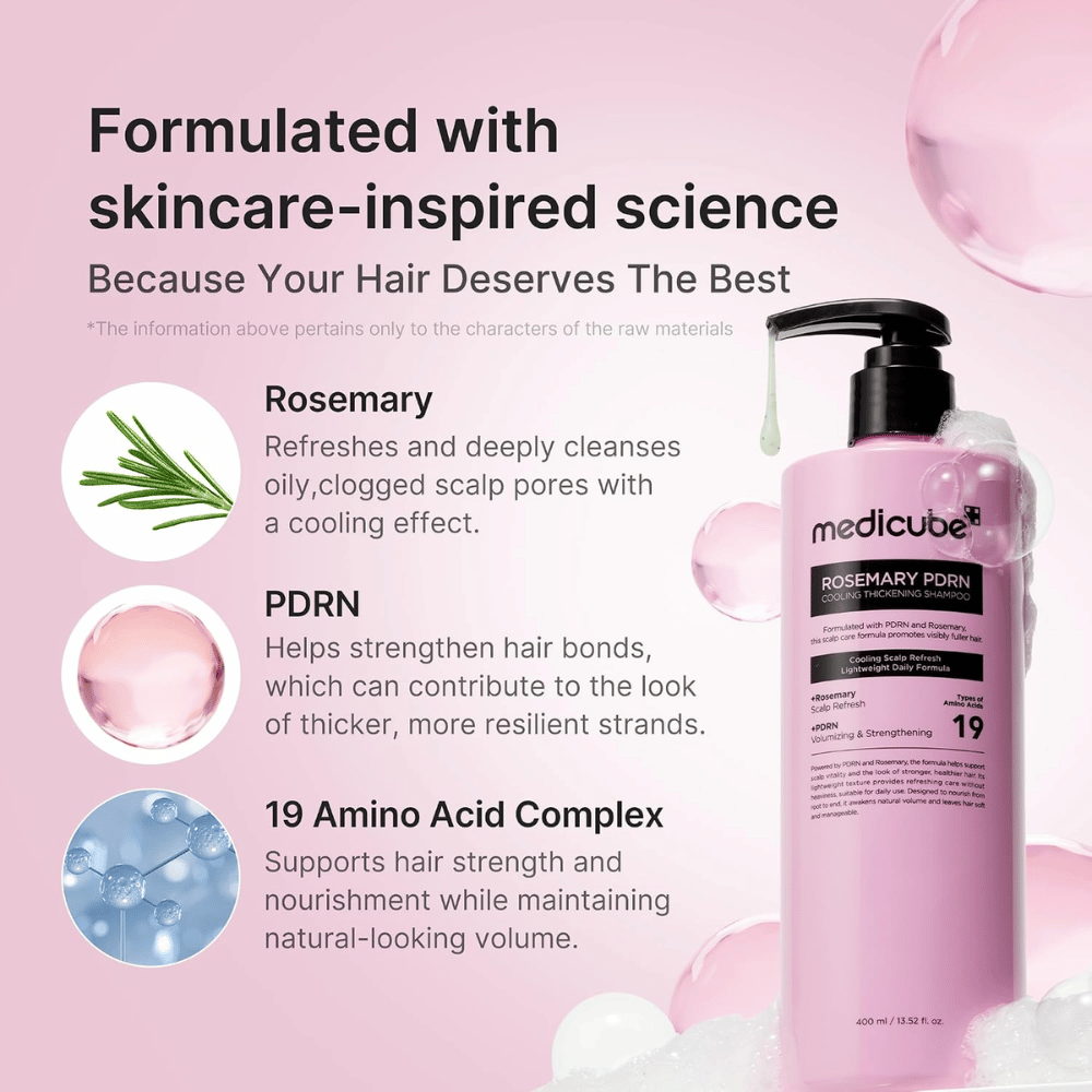 Medicube Rosemary PDRN Cooling Thickening Shampoo com alecrim, PDRN e 19 aminoácidos para um cabelo mais cheio