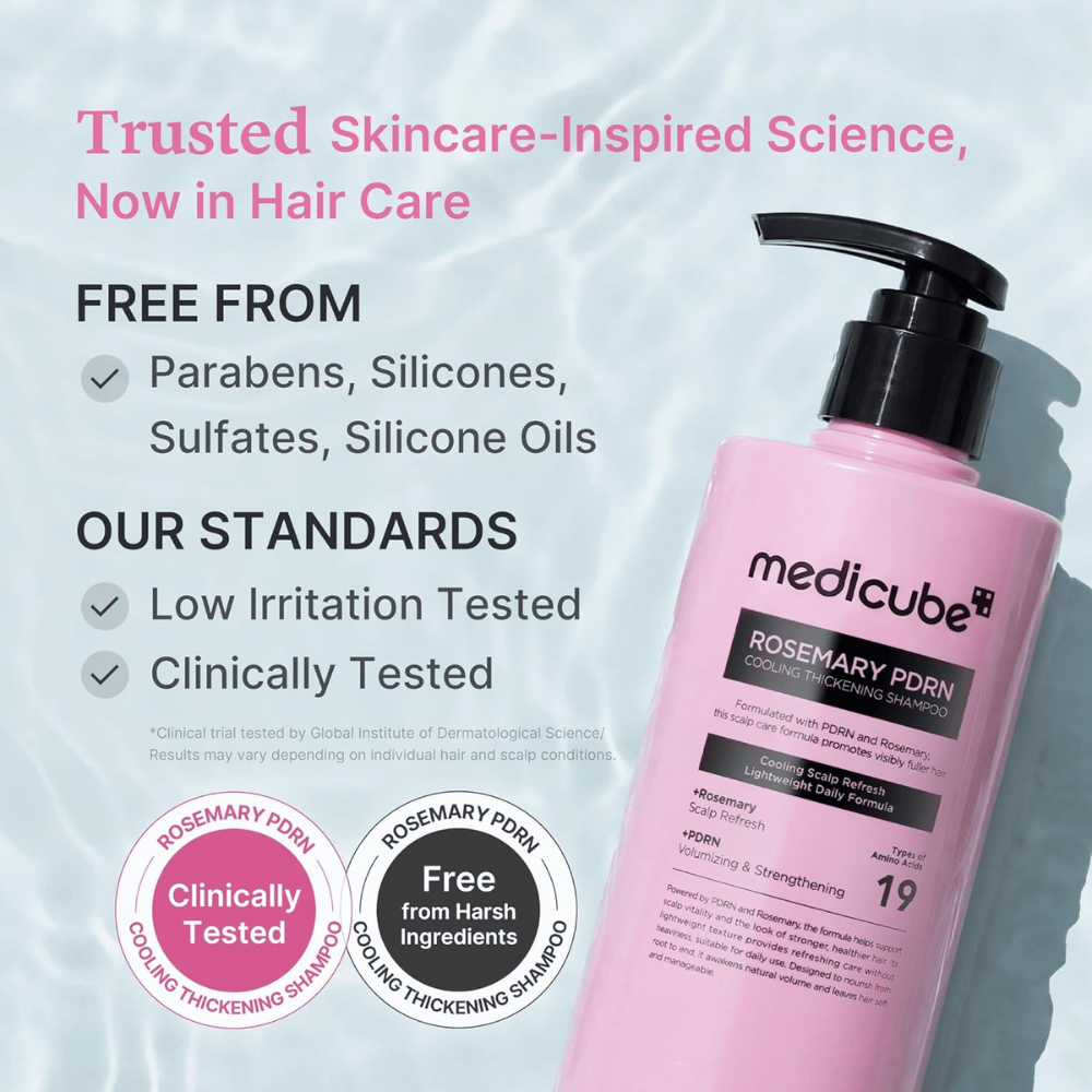 Medicube Rosemary PDRN Cooling Thickening Shampoo com fórmula clinicamente testada sem sulfatos, silicones e parabenos