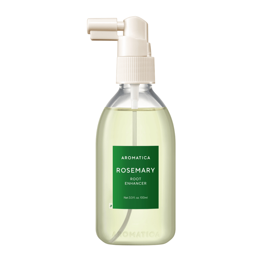AROMATICA Rosemary Root Enhancer em frasco transparente com rótulo verde e prático aplicador de bico. Imagem do produto recortada que mostra claramente o design da embalagem e o conteúdo.