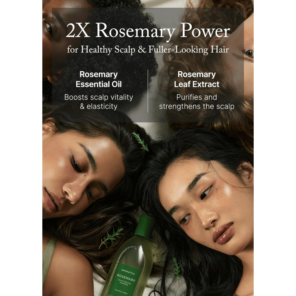 AROMATICA Rosemary Scalp Scaling Shampoo com óleo de alecrim e extrato de alecrim que fortalecem o couro cabeludo, limpam em profundidade e promovem um cabelo mais volumoso.