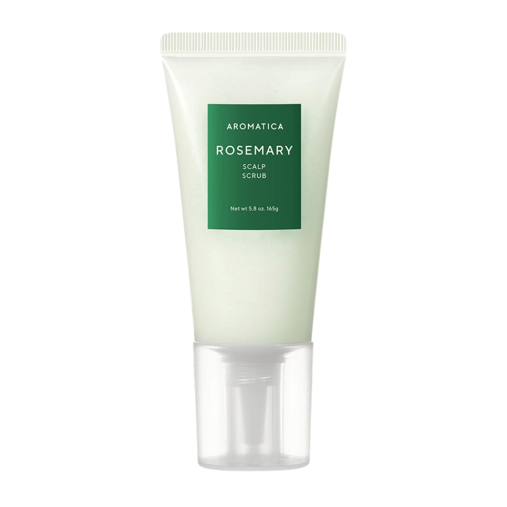 4. AROMATICA Rosemary Scalp Scrub 165 g – esfoliante para o couro cabeludo com alecrim em tubo verde-claro sobre fundo branco