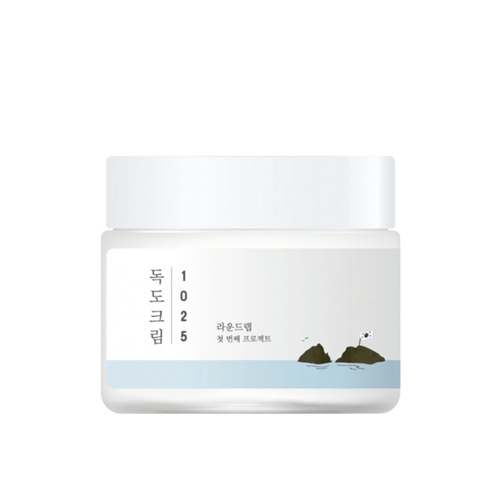 Um frasco de Round Lab 1025 Dokdo Cream 80ml para hidratação sobre fundo branco.
