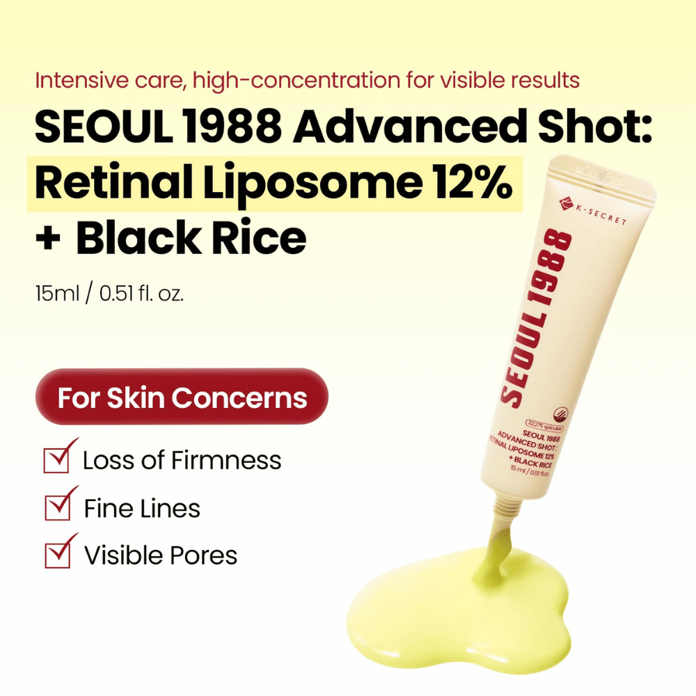 K-SECRET SEOUL 1988 Advanced Shot Retinal Liposome 12% + Black Rice 15 ml – tratamento intensivo com retinal para linhas finas, poros visíveis e perda de firmeza.
