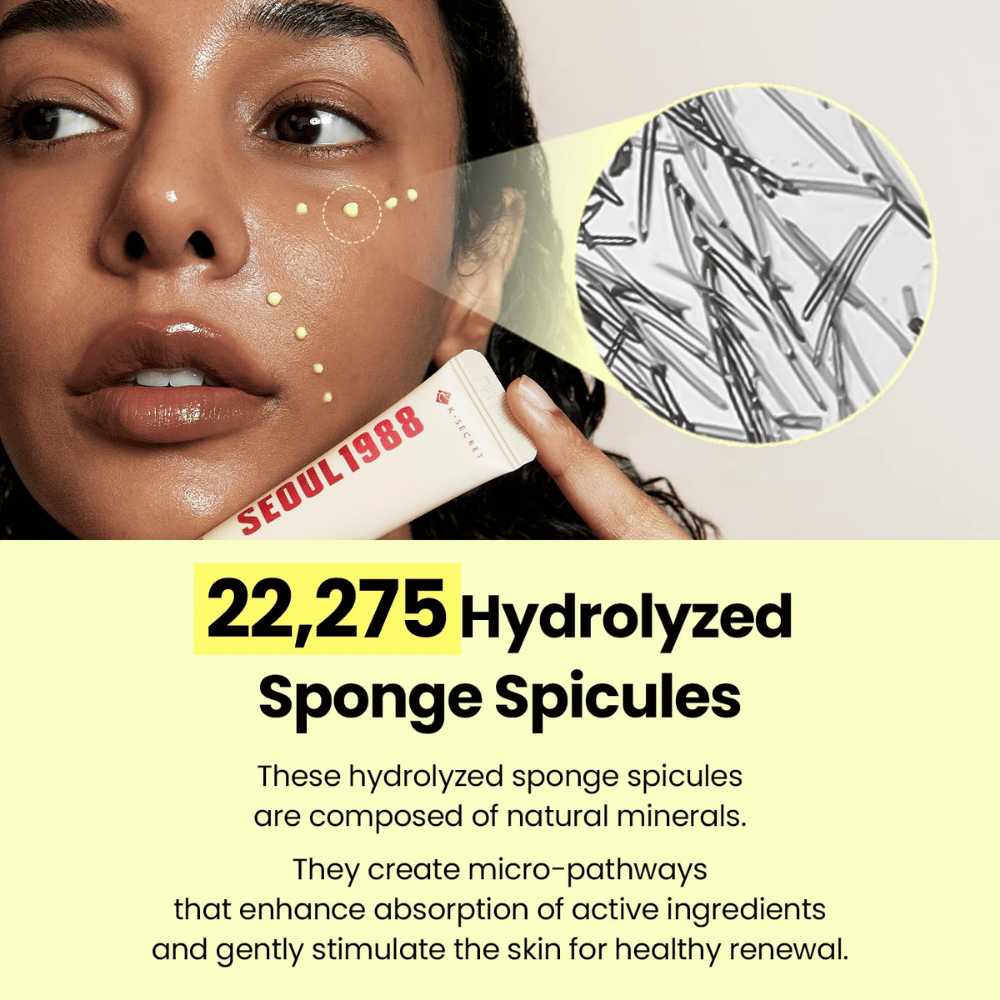 K-SECRET SEOUL 1988 Advanced Shot – fórmula com 22 275 espículas de esponja hidrolisadas que se combinam com ingredientes ativos de cuidado da pele.