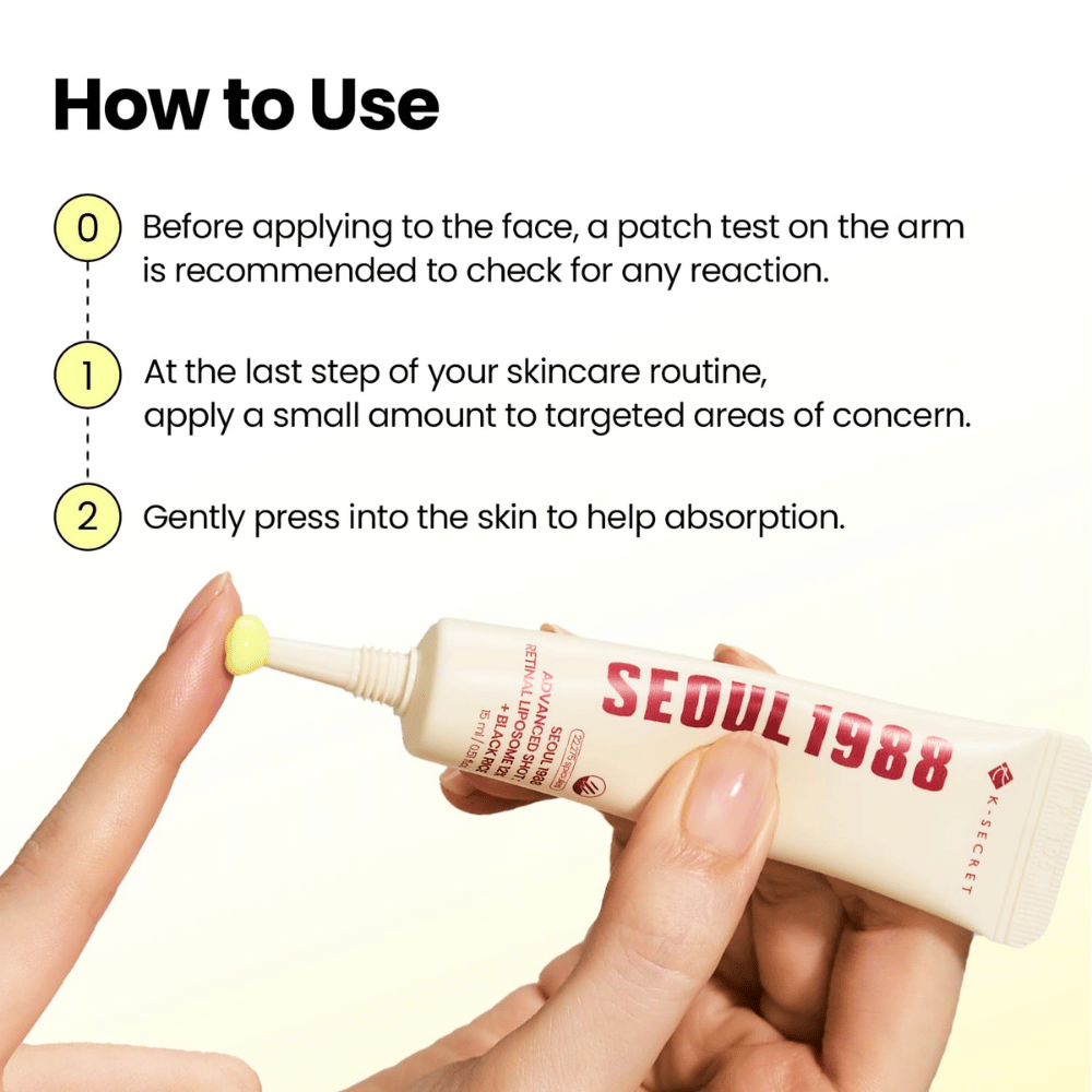 K-SECRET SEOUL 1988 Advanced Shot Retinal Liposome 12% + Black Rice – aplicação do tratamento com retinal como último passo da rotina de cuidados da pele.