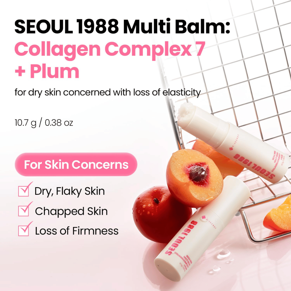 K-SECRET SEOUL 1988 Multi Balm Collagen Complex 7 + Plum 10,7 g – bálsamo hidratante para pele seca e pele com firmeza reduzida.