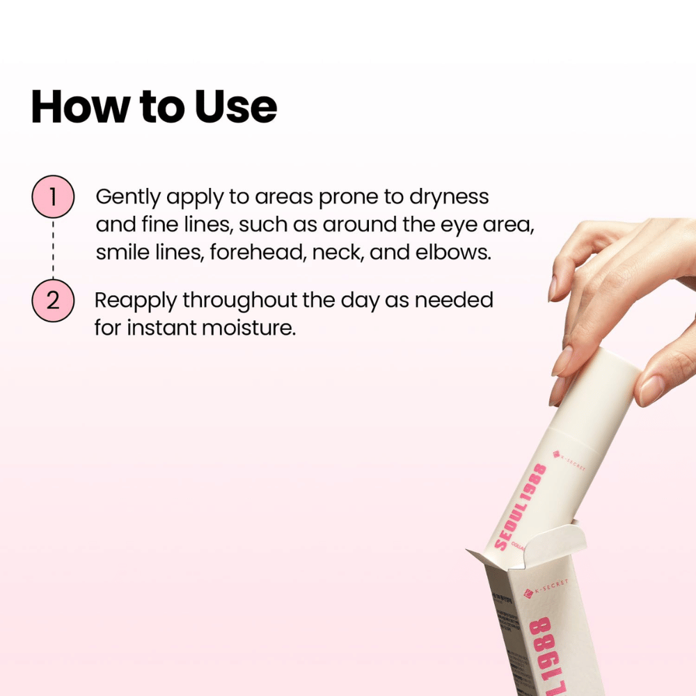K-SECRET SEOUL 1988 Multi Balm Collagen Complex 7 + Plum – aplicação de bálsamo hidratante em zonas secas e linhas finas.