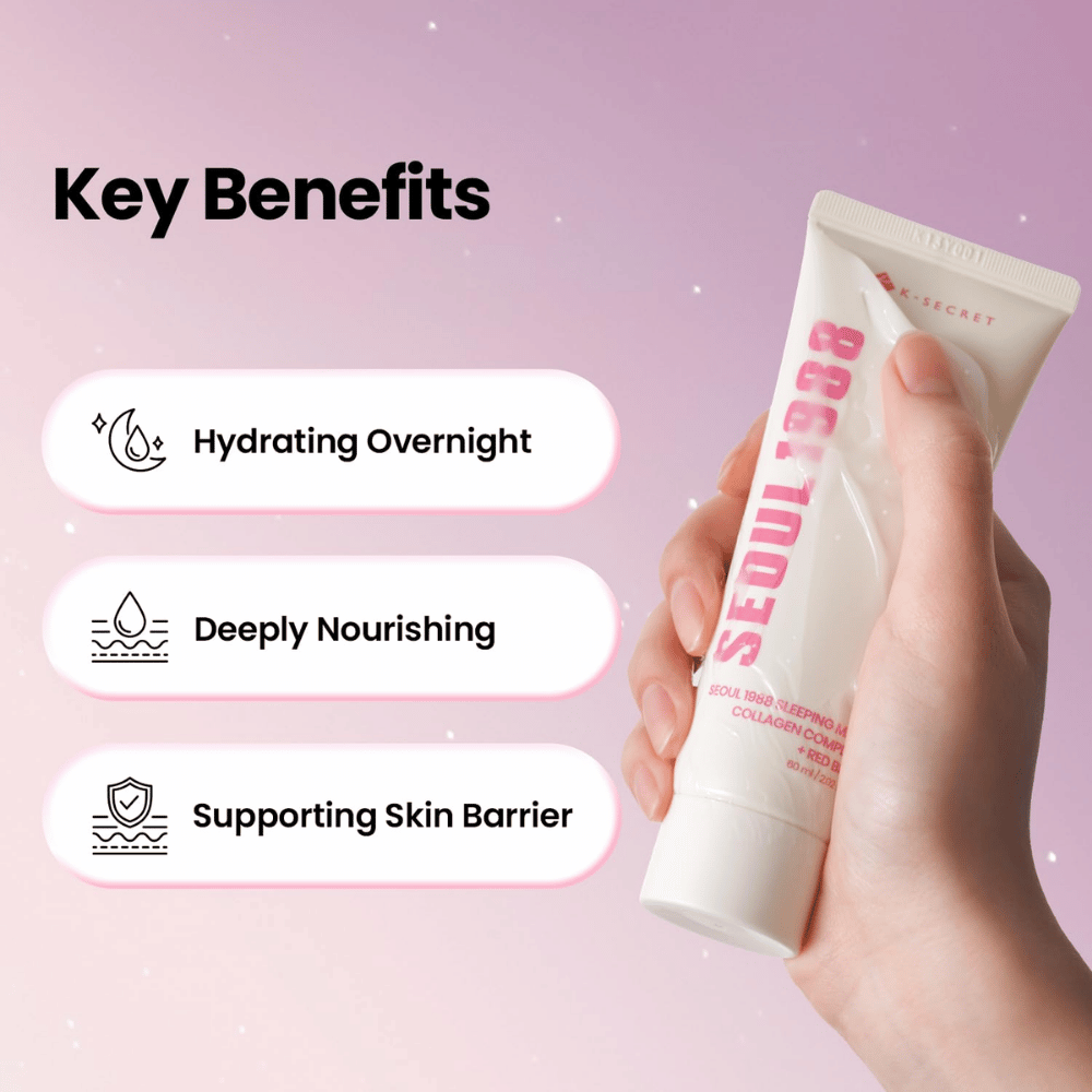K-SECRET SEOUL 1988 Sleeping Mask – máscara de noite hidratante e nutritiva que ajuda a fortalecer a barreira cutânea.