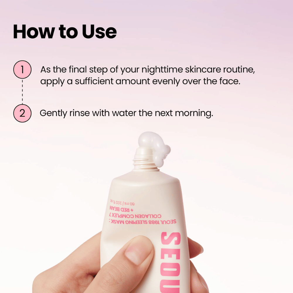 K-SECRET SEOUL 1988 Sleeping Mask – máscara de noite com Collagen Complex 7 e Red Bean que se aplica como último passo da rotina noturna.