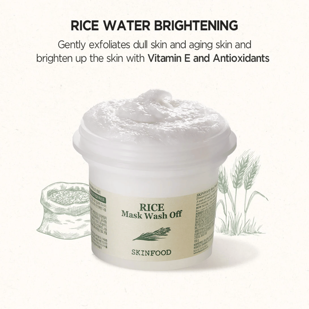 SKINFOOD's Rice Mask Wash Off 120g é recomendado para clarear e ajudar a pele.