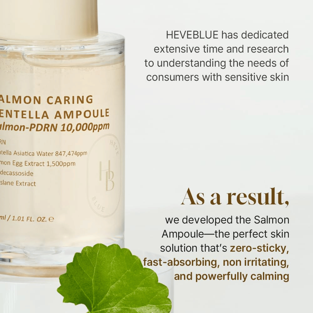 Heveblue Salmon Caring Centella Ampoule – sérum de rápida absorção PDRN com centella para pele sensível, acalma a irritação e restaura a barreira da pele