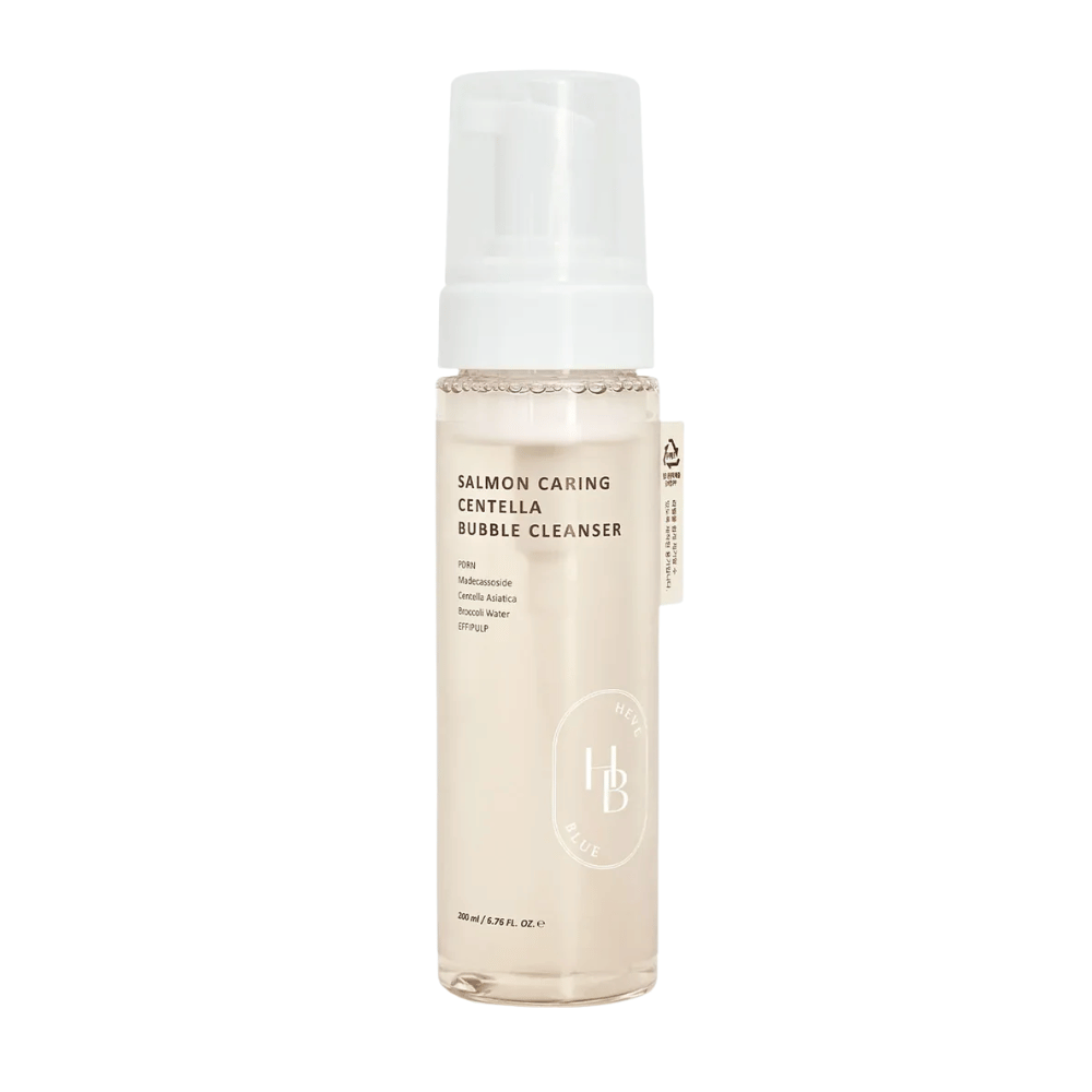 Heveblue Salmon Caring Centella Bubble Cleanser limpeza facial – espuma de limpeza coreana com Centella Asiatica e PDRN que ajuda a limpar os poros, acalmar a pele e hidratar.