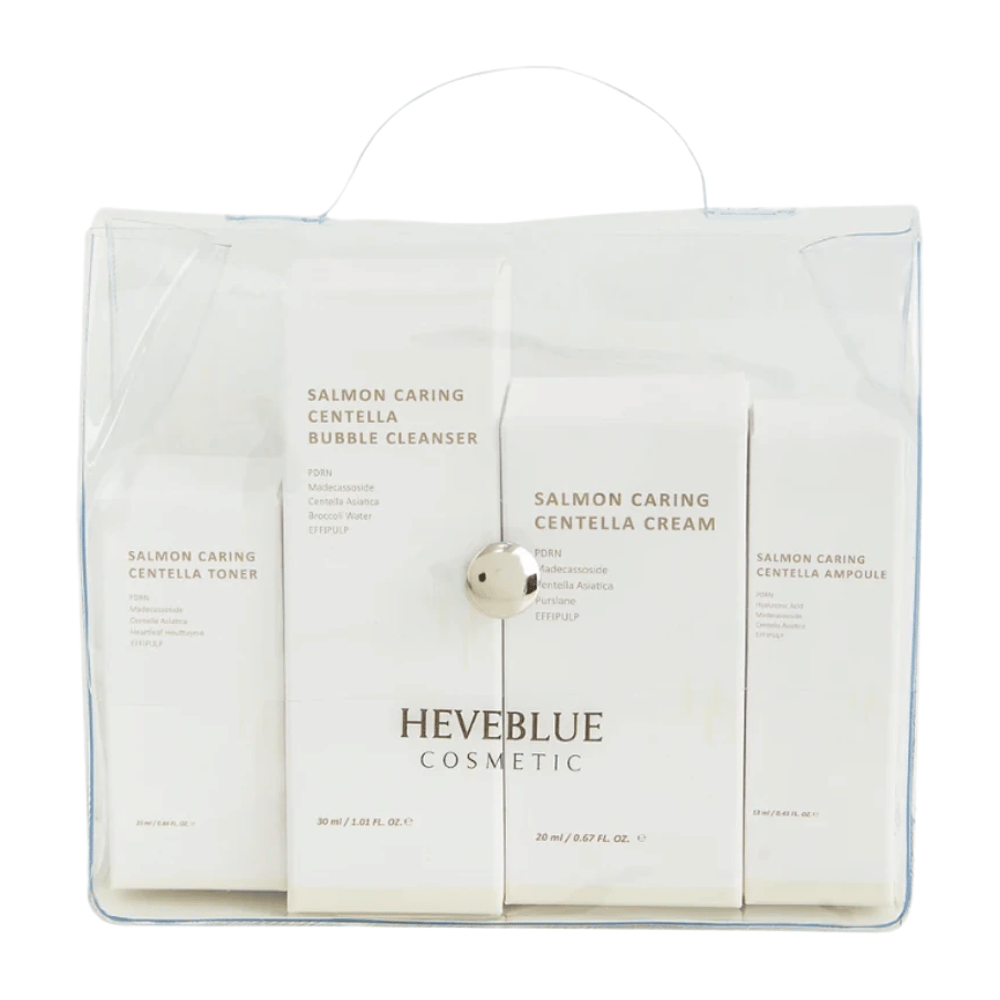 Heveblue Salmon Caring Centella Special Travel Kit conjunto de cuidados com a pele – rotina de cuidados com a pele coreana com toner, bubble cleanser, creme e ampola com Centella Asiatica e PDRN.
