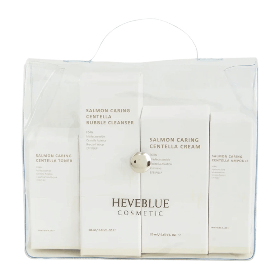Heveblue Salmon Caring Centella Special Travel Kit conjunto de cuidados com a pele – rotina de cuidados com a pele coreana com toner, bubble cleanser, creme e ampola com Centella Asiatica e PDRN.