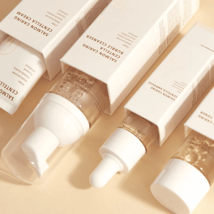 Heveblue Salmon Caring Centella Travel Kit conjunto de cuidados com a pele – produtos de cuidados com a pele coreanos com Centella Asiatica e PDRN que ajudam a hidratar, acalmar a pele e fortalecer a barreira da pele.