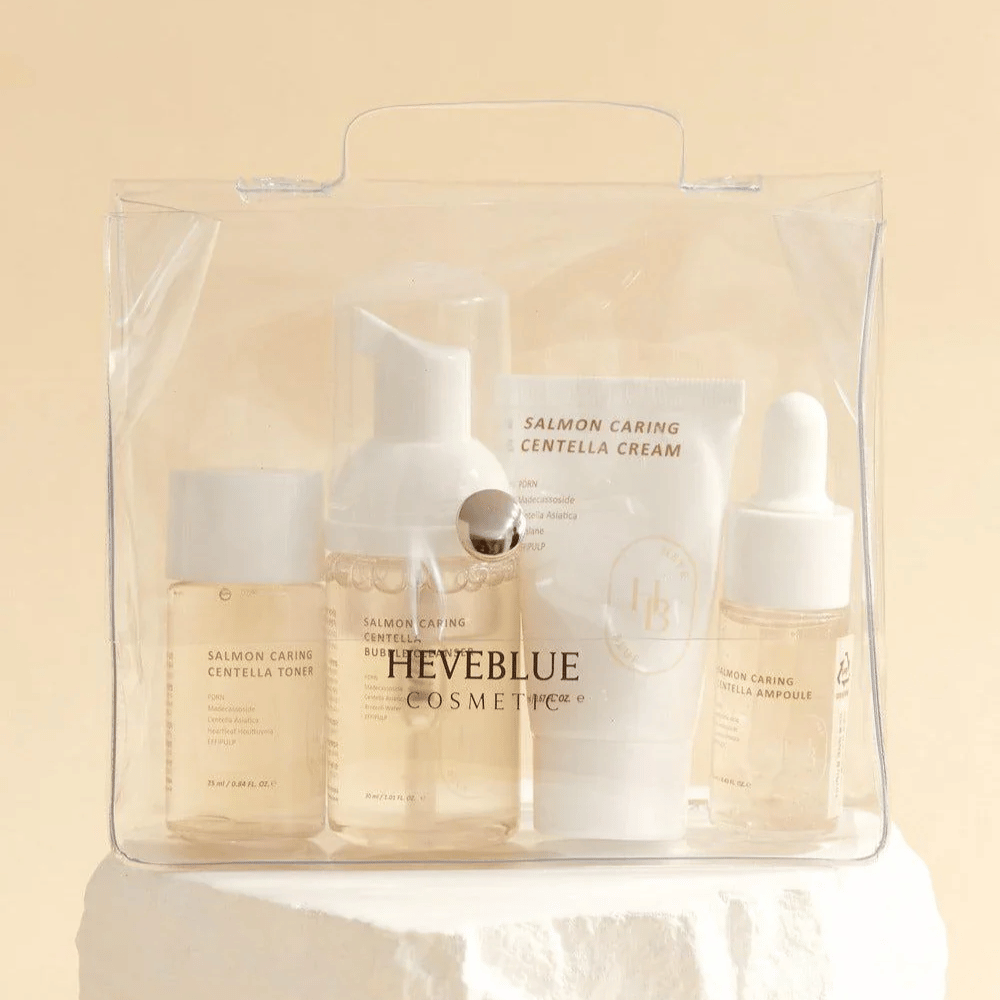 Heveblue Salmon Caring Centella Special Travel Kit – conjunto de cuidados com a pele coreano com toner, bubble cleanser, creme e ampola com Centella Asiatica e PDRN de salmão em embalagem prática para viagem.