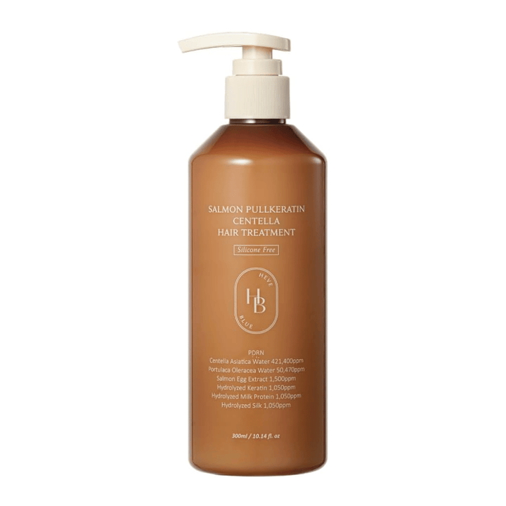 Heveblue Salmon Pullkeratin Centella Hair Treatment em frasco castanho com doseador sobre fundo claro. Tratamento capilar com centella, extrato de salmão, queratina, proteína da seda e proteína do leite para cuidar e hidratar o cabelo.