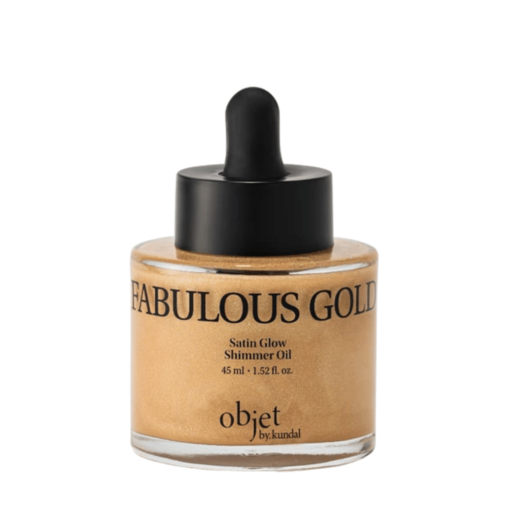 Objet by KUNDAL Satin Glow Shimmer Oil Fabulous Gold 45 ml – óleo corporal dourado com acabamento acetinado cintilante para uma luminosidade radiante.