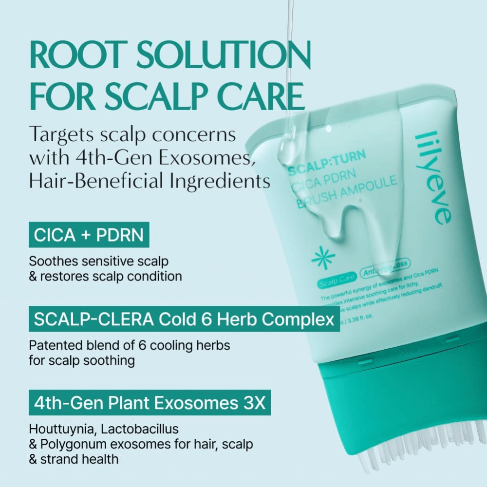 Imagem de produto de LILYEVE Scalp:Turn Cica PDRN Brush Ampoule com descrição dos ingredientes-chave. A imagem destaca CICA, PDRN, complexo de ervas refrescante e exossomas de origem vegetal que ajudam a acalmar e a cuidar do couro cabeludo sensível.