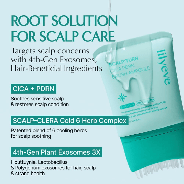 Imagem de produto de LILYEVE Scalp:Turn Cica PDRN Brush Ampoule com descrição dos ingredientes-chave. A imagem destaca CICA, PDRN, complexo de ervas refrescante e exossomas de origem vegetal que ajudam a acalmar e a cuidar do couro cabeludo sensível.