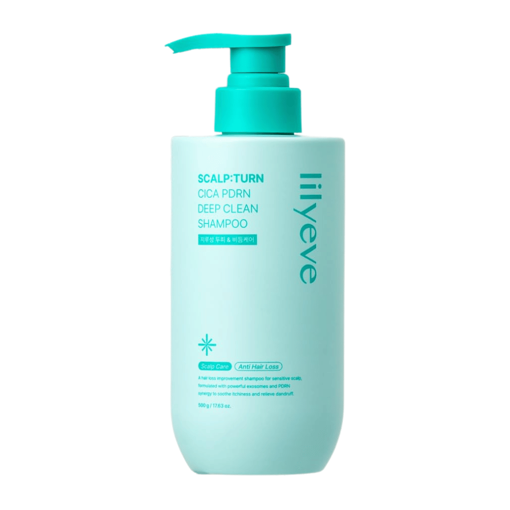 LILYEVE Scalp:Turn Cica PDRN Deep Clean Shampoo – champô de limpeza profunda com Cica, PDRN e exossomas que cuidam do couro cabeludo e contribuem para um cabelo mais saudável.