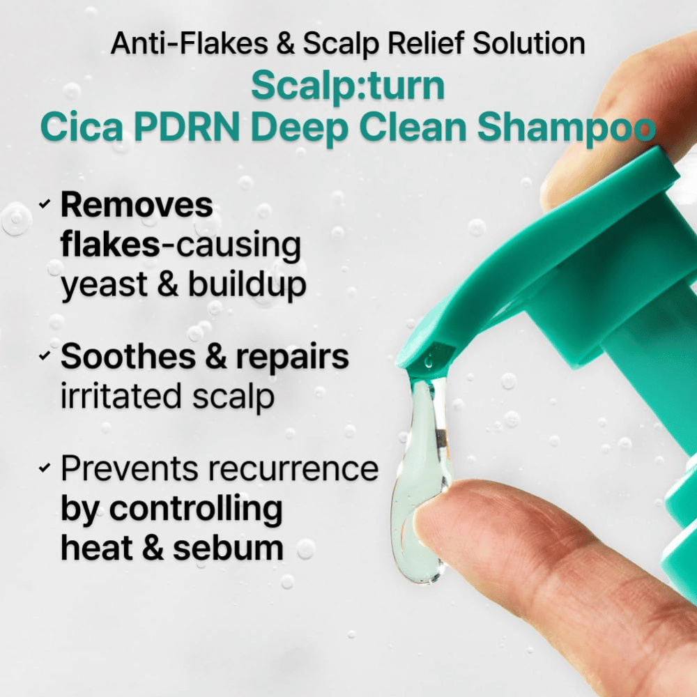 LILYEVE Scalp:Turn Cica PDRN Deep Clean Shampoo remove a caspa, acalma o couro cabeludo irritado e ajuda a controlar o sebo e os problemas do couro cabeludo relacionados com o calor.