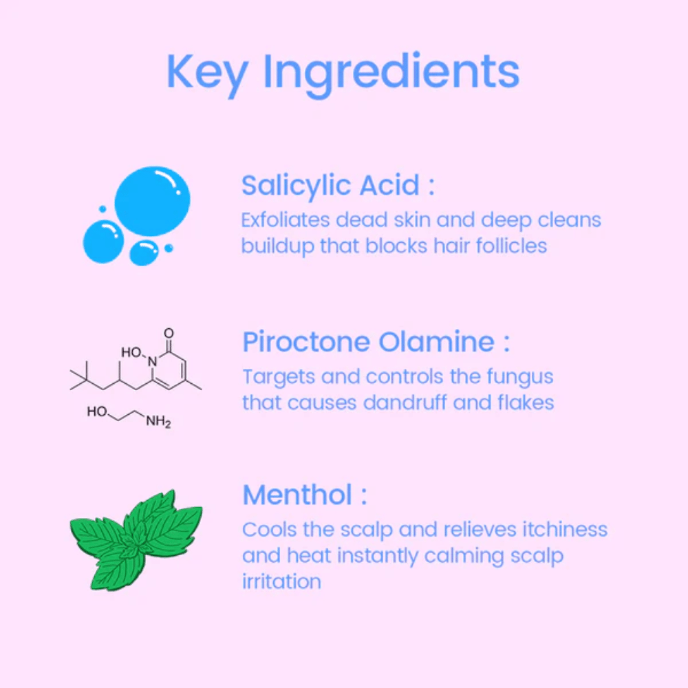 Imagem informativa sobre os ingredientes principais de Scalpy Bubble Tonic, incluindo ácido salicílico para esfoliação, piroctona olamina contra a caspa e mentol que refresca e acalma o couro cabeludo.